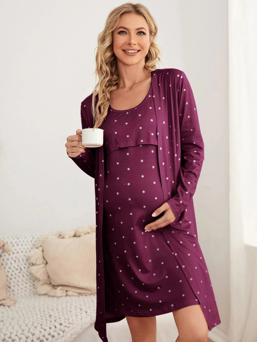 Burgundy Polka Dot Maternity Nursing Nightgown and Robe Set - 2 Piece Scoop Neck Long Sleeve Loungewear for Pregnancy and Postpartum