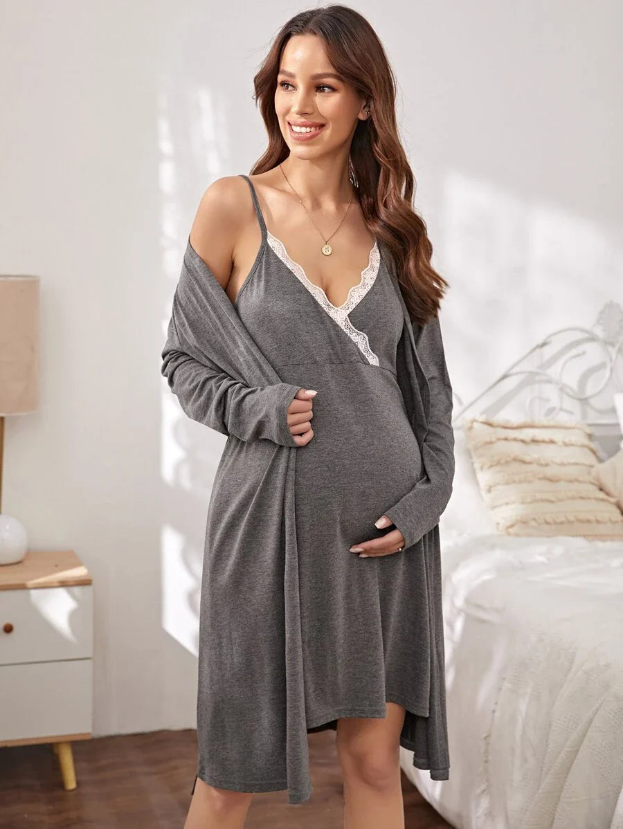Dusty Blue Maternity Contrast Lace Cami Sleep Dress and Robe 2-Piece Lounge Set - Slim Fit Belted Long Sleeve Sleepwear for Mother