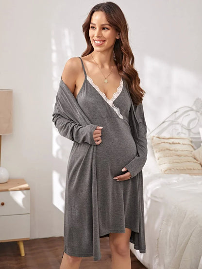Dusty Blue Maternity Contrast Lace Cami Sleep Dress and Robe 2-Piece Lounge Set - Slim Fit Belted Long Sleeve Sleepwear for Mother