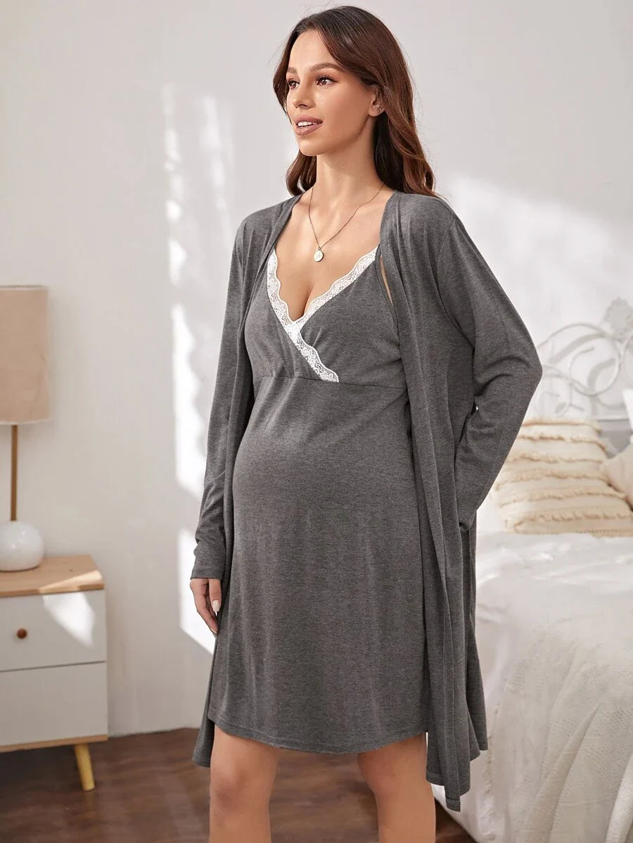 Dusty Blue Maternity Contrast Lace Cami Sleep Dress and Robe 2-Piece Lounge Set - Slim Fit Belted Long Sleeve Sleepwear for Mother