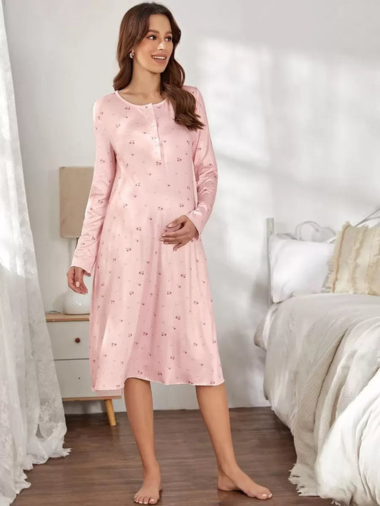 Maternity Floral Button Front Lounge Dress - For Mother, Fall Winter