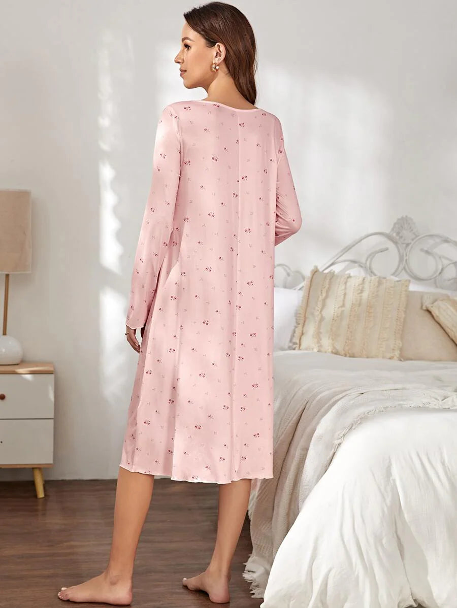 Maternity Floral Button Front Lounge Dress - For Mother, Fall Winter