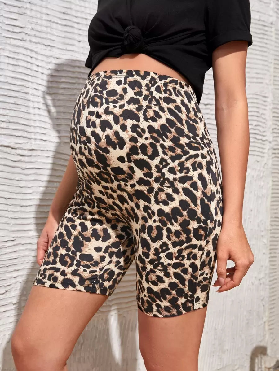 Maternity Leopard Print Biker Shorts - High-Waist Stretchy Pregnancy Yoga Shorts