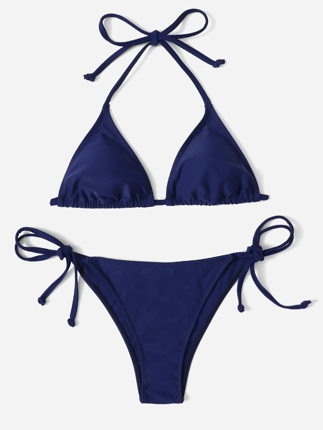 Women's Plain Halter Bikini Set - Knot Detail, Tie Side, Triangle Cup, Navy Blue