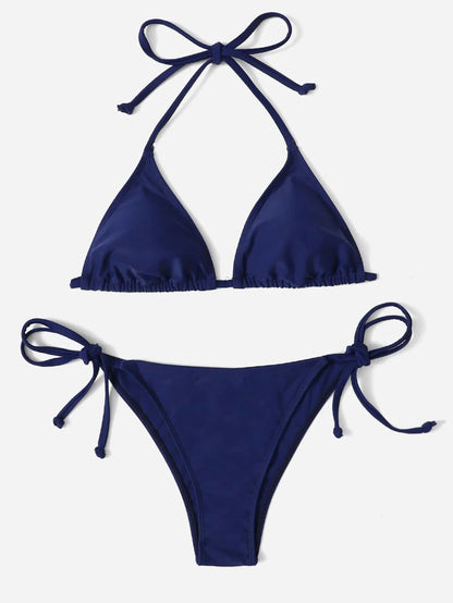 Women's Plain Halter Bikini Set - Knot Detail, Tie Side, Triangle Cup, Navy Blue