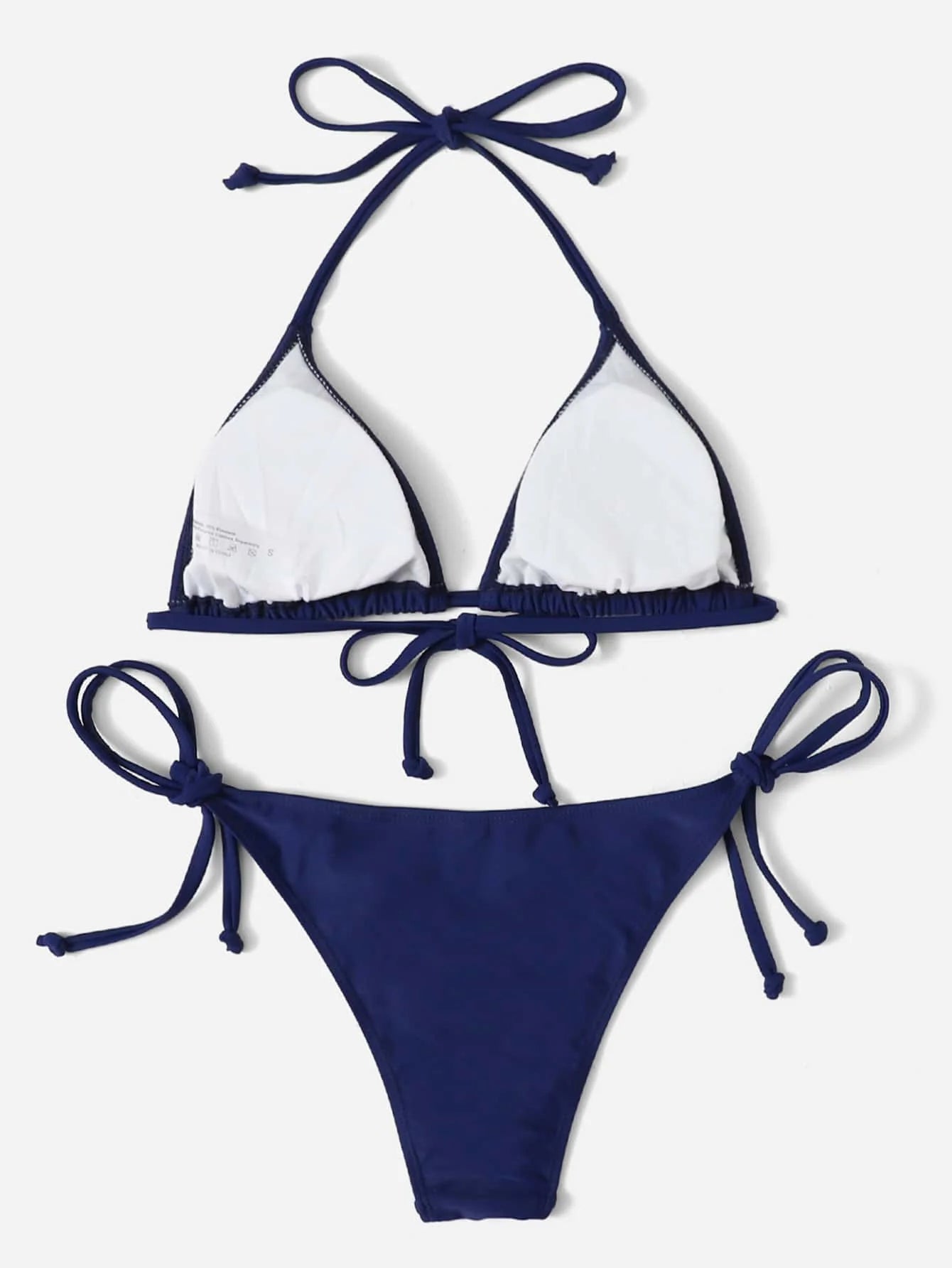 Women's Plain Halter Bikini Set - Knot Detail, Tie Side, Triangle Cup, Navy Blue