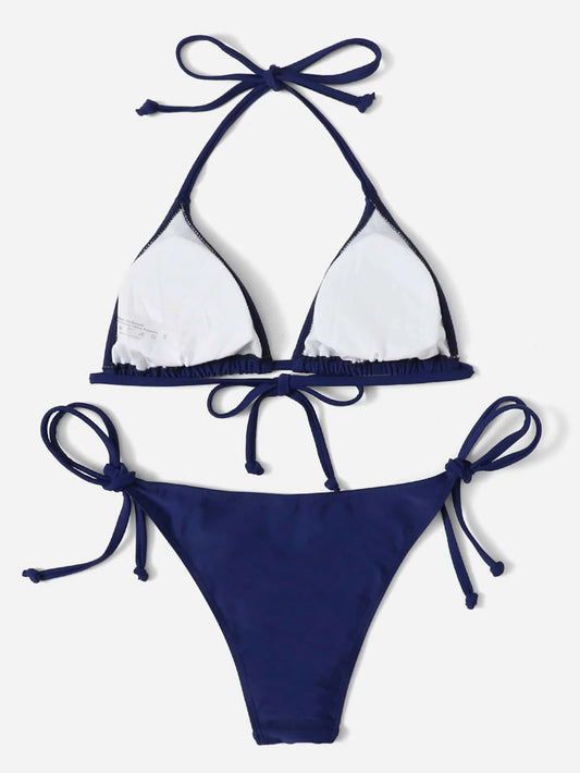 Women's Plain Halter Bikini Set - Knot Detail, Tie Side, Triangle Cup, Navy Blue