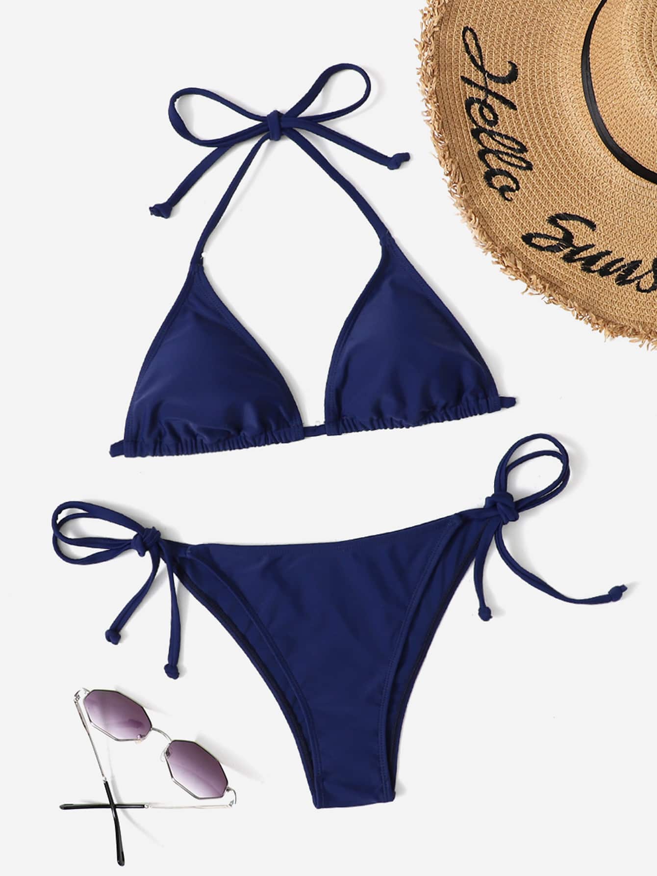 Women's Plain Halter Bikini Set - Knot Detail, Tie Side, Triangle Cup, Navy Blue