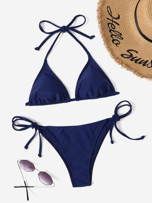 Women's Plain Halter Bikini Set - Knot Detail, Tie Side, Triangle Cup, Navy Blue