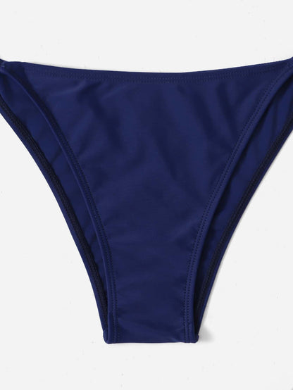 Women's Plain Halter Bikini Set - Knot Detail, Tie Side, Triangle Cup, Navy Blue