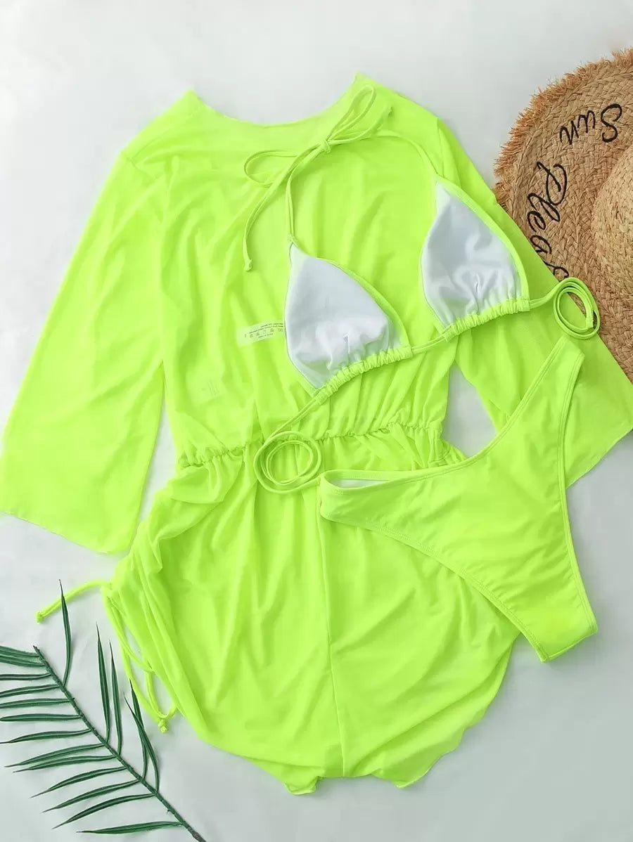 Swim Lushoire Women's Summer New Solid Color 3 Pieces Set Halter Bikini Low-Waist Triangle Panty Mesh Romper