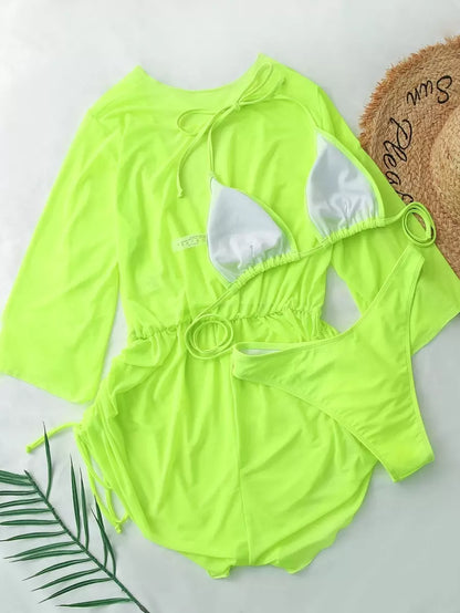 Swim Lushoire Women's Summer New Solid Color 3 Pieces Set Halter Bikini Low-Waist Triangle Panty Mesh Romper