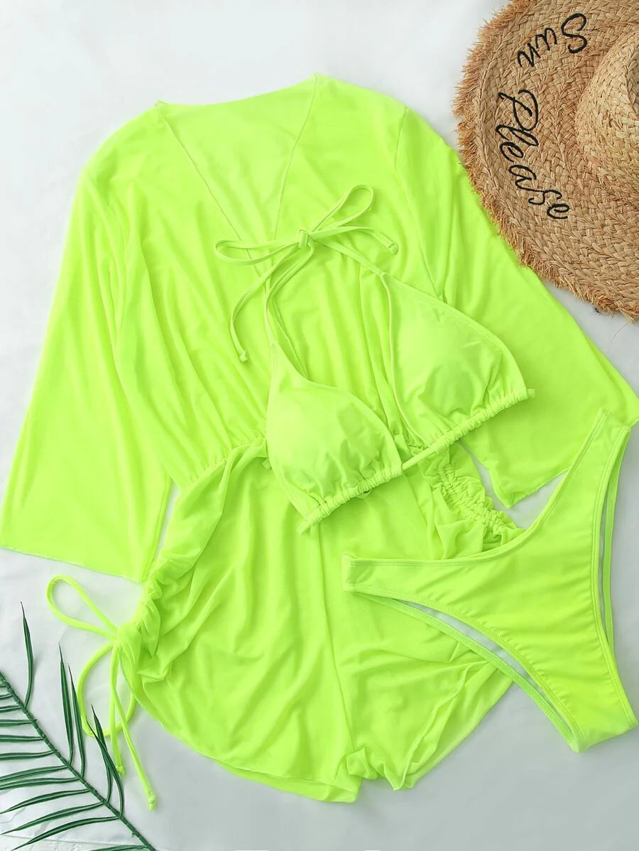 Swim Lushoire Women's Summer New Solid Color 3 Pieces Set Halter Bikini Low-Waist Triangle Panty Mesh Romper
