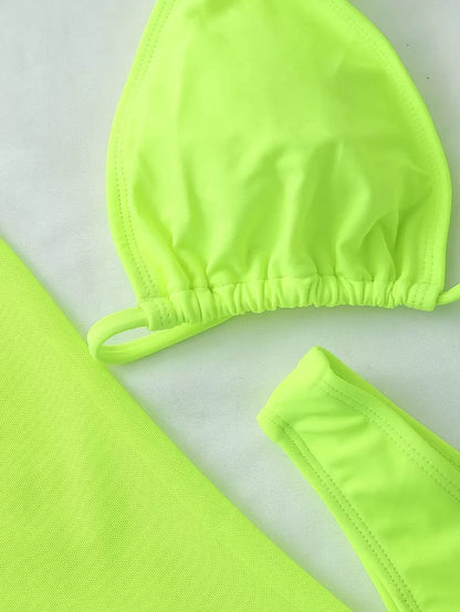 Swim Vcay Swim Suits For Women Summer Beach Sheer Mesh Bikini Set Halter Triangle Bra & Thong Bottom & Cover Up Dress 3 Piece Bathing Suit