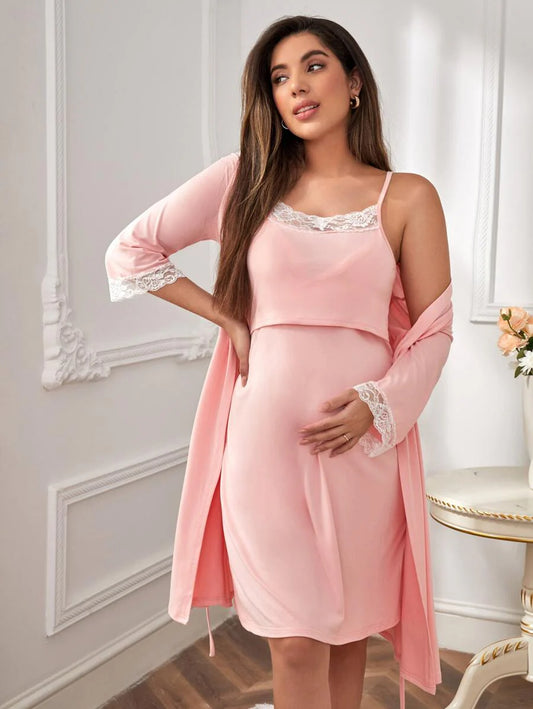 Maternity Floral Lace Trim Robe and Slip Dress Set - Soft Elegant Cozy Fall Winter Nursing