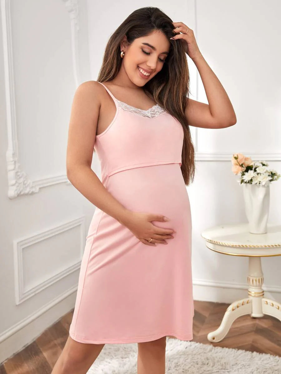 Maternity Floral Lace Trim Robe and Slip Dress Set - Soft Elegant Cozy Fall Winter Nursing