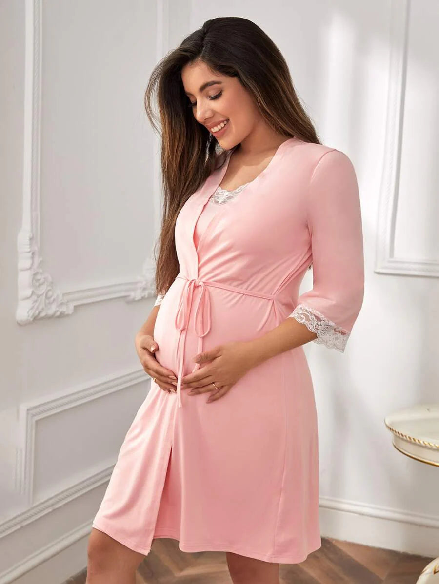 Maternity Floral Lace Trim Robe and Slip Dress Set - Soft Elegant Cozy Fall Winter Nursing