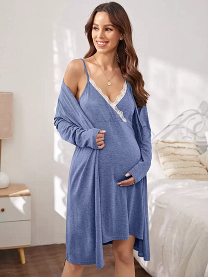 Dusty Blue Maternity Contrast Lace Cami Sleep Dress and Robe 2-Piece Lounge Set - Slim Fit Belted Long Sleeve Sleepwear for Mother