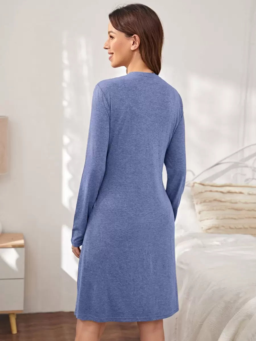 Dusty Blue Maternity Contrast Lace Cami Sleep Dress and Robe 2-Piece Lounge Set - Slim Fit Belted Long Sleeve Sleepwear for Mother