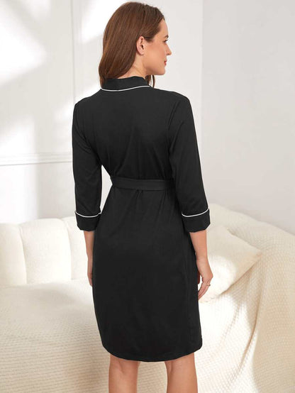 Maternity Nursing Robe - Letter Embroidery Contrast Binding Belted Soft Stretch, Fall Winter