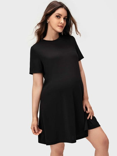 Maternity Solid Black Tee Dress Short Sleeve Round Neck Casual Mini Pregnancy Dress for Daily Wear