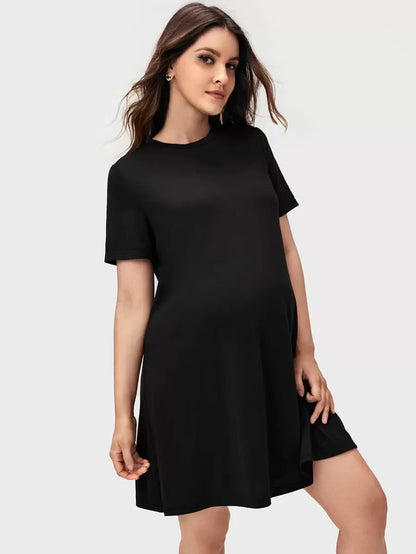 Maternity Solid Black Tee Dress Short Sleeve Round Neck Casual Mini Pregnancy Dress for Daily Wear