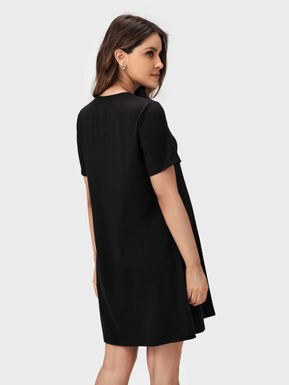 Maternity Solid Black Tee Dress Short Sleeve Round Neck Casual Mini Pregnancy Dress for Daily Wear