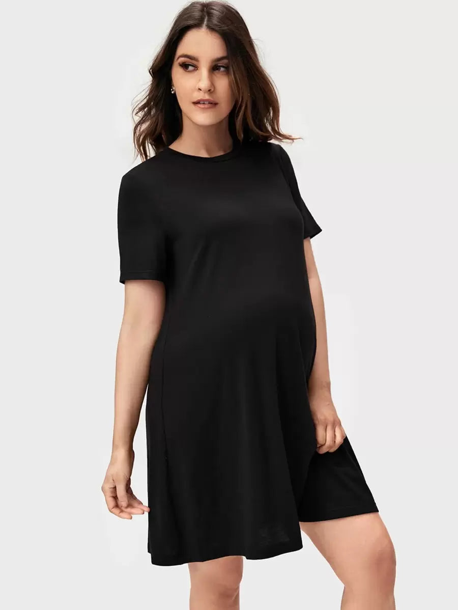 Maternity Solid Black Tee Dress Short Sleeve Round Neck Casual Mini Pregnancy Dress for Daily Wear