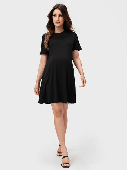 Maternity Solid Black Tee Dress Short Sleeve Round Neck Casual Mini Pregnancy Dress for Daily Wear