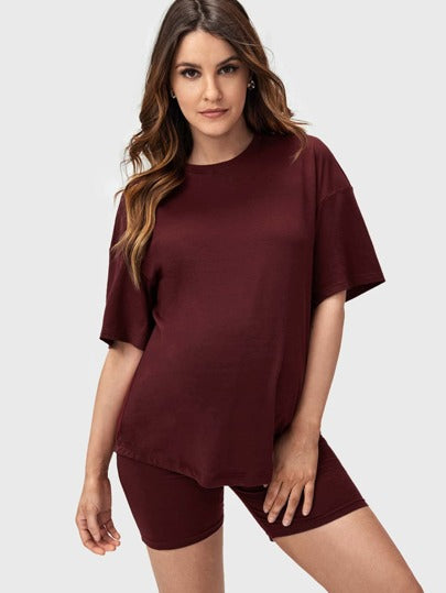Maternity 2-Piece Set - Drop Shoulder Tee & Biker Shorts, Round Neck, Regular Fit, Burgundy