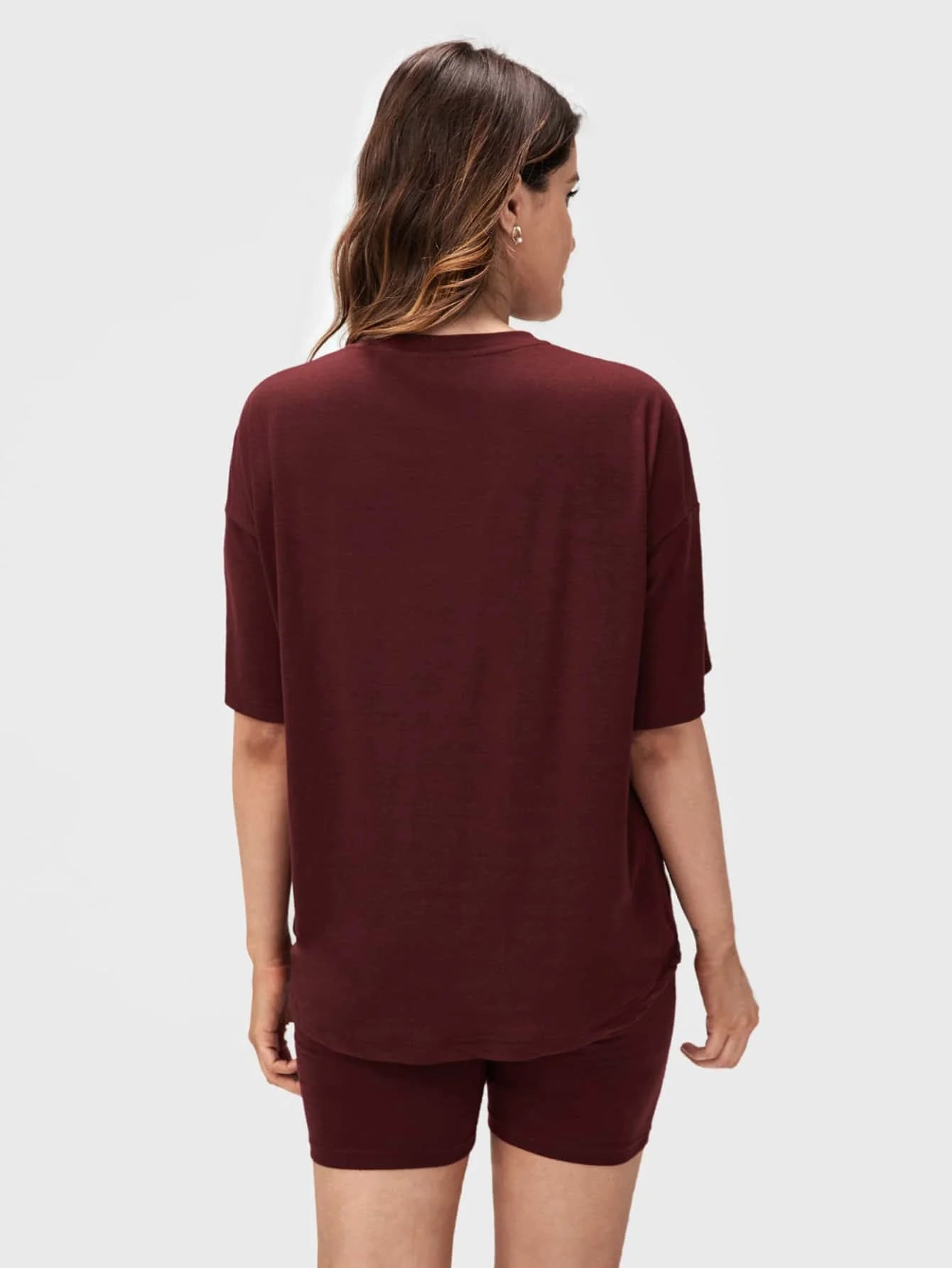 Maternity 2-Piece Set - Drop Shoulder Tee & Biker Shorts, Round Neck, Regular Fit, Burgundy