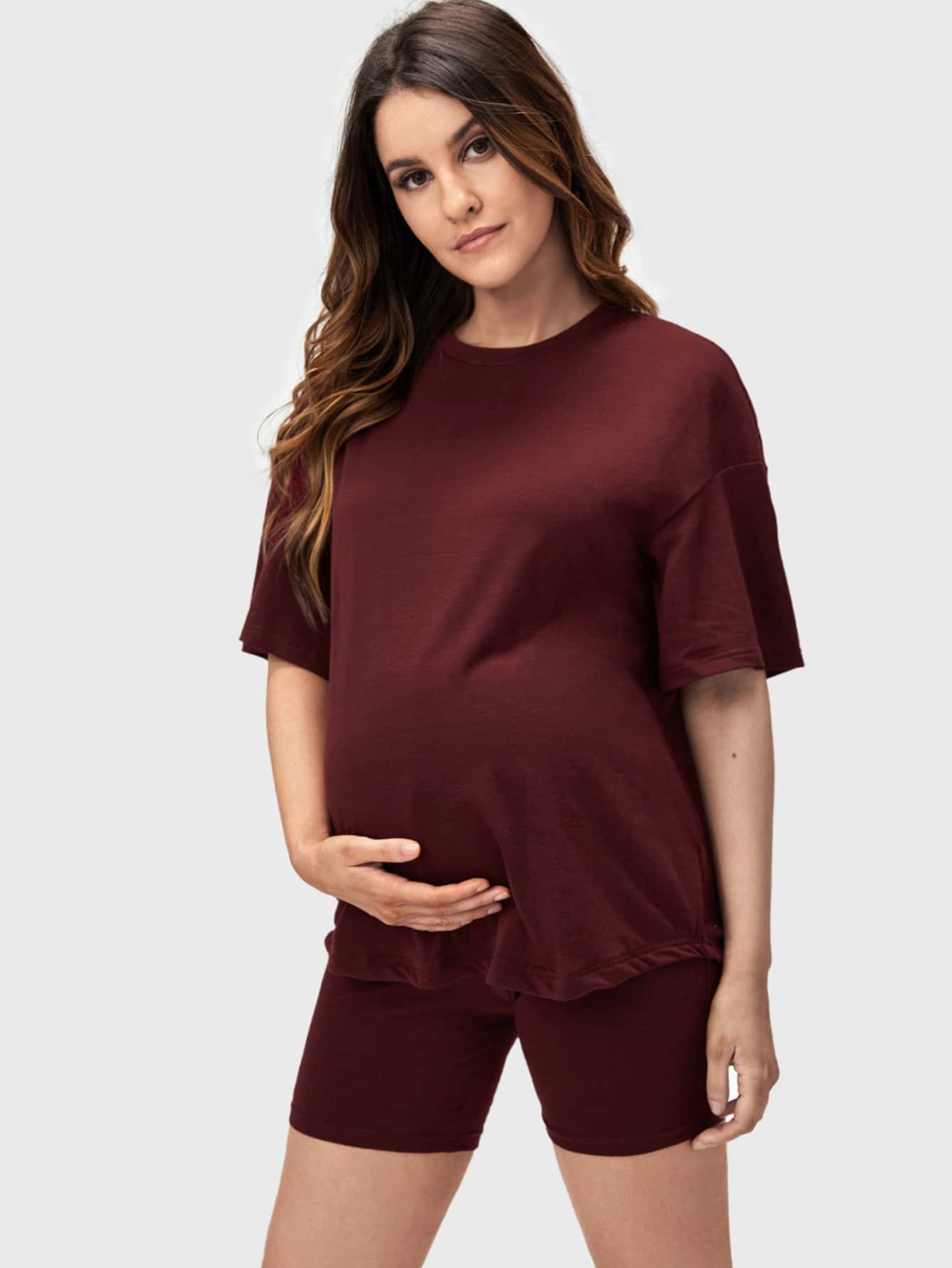 Maternity 2-Piece Set - Drop Shoulder Tee & Biker Shorts, Round Neck, Regular Fit, Burgundy