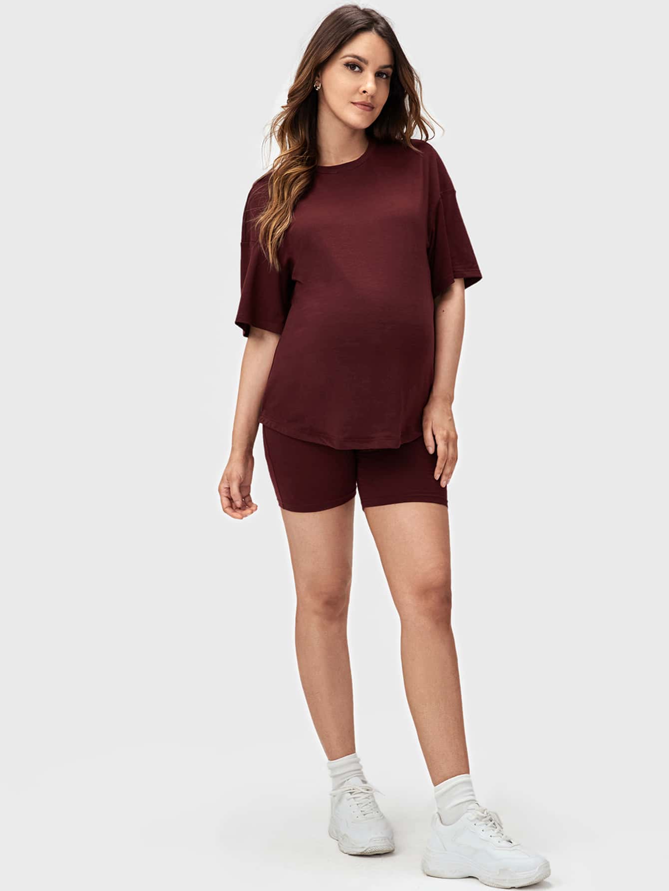 Maternity 2-Piece Set - Drop Shoulder Tee & Biker Shorts, Round Neck, Regular Fit, Burgundy