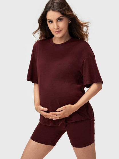 Maternity 2-Piece Set - Drop Shoulder Tee & Biker Shorts, Round Neck, Regular Fit, Burgundy
