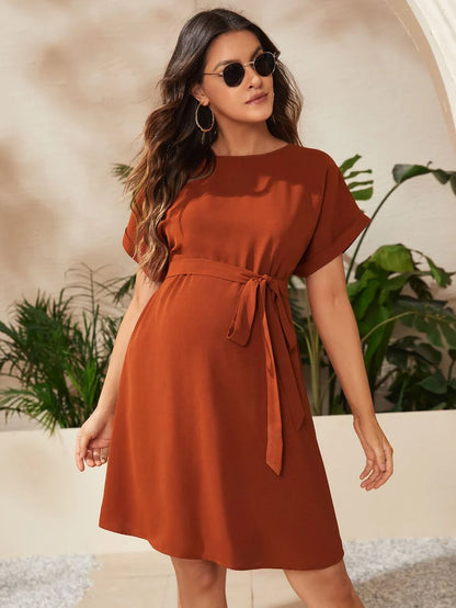Maternity Short Batwing Sleeve Belted Tunic Dress, Casual High Waist Round Neck Flared Mini Outfit for Daily Wear, Apricot