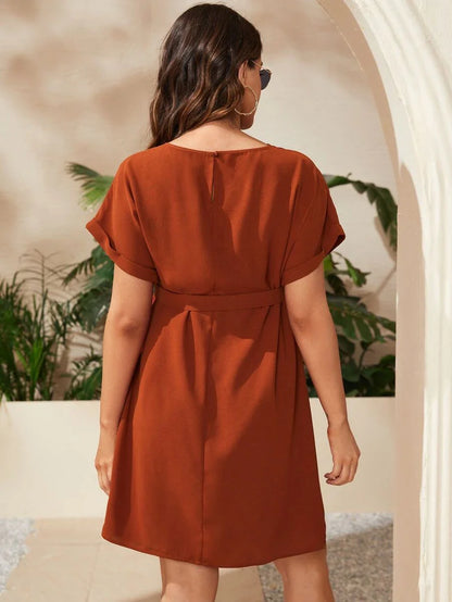 Maternity Short Batwing Sleeve Belted Tunic Dress, Casual High Waist Round Neck Flared Mini Outfit for Daily Wear, Apricot