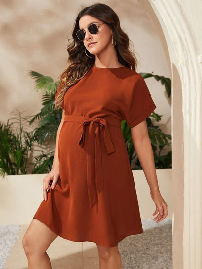 Maternity Short Batwing Sleeve Belted Tunic Dress, Casual High Waist Round Neck Flared Mini Outfit for Daily Wear, Apricot