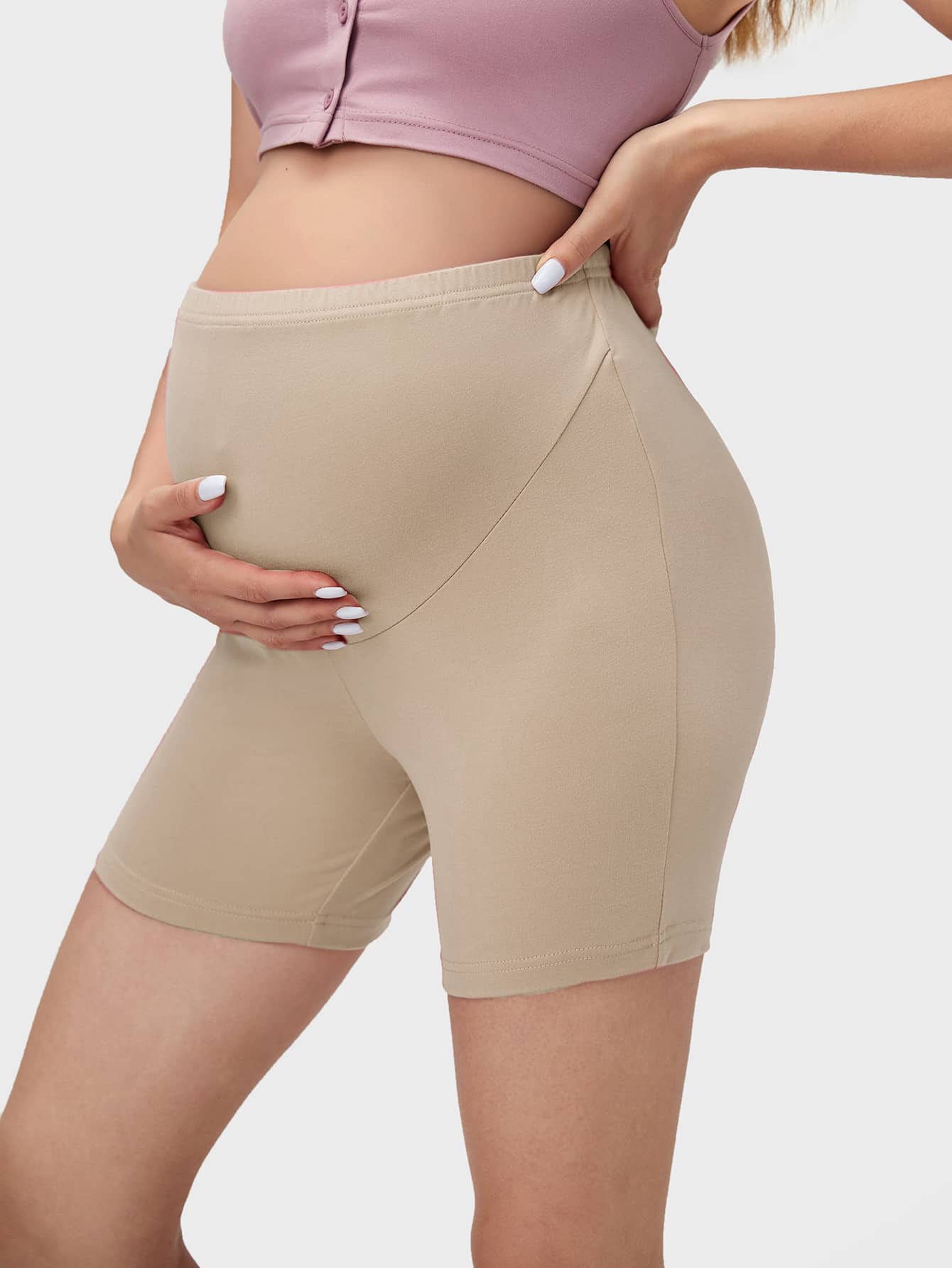 Maternity Solid Biker Shorts - High Waist Comfortable Pregnancy Fit