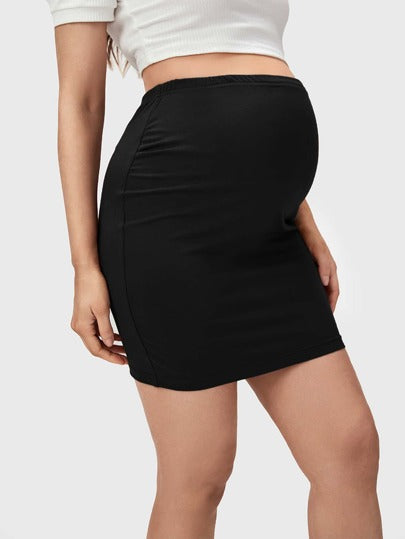 Maternity High Waist Bodycon Skirt Solid Black Skinny Short Pencil Skirt with Side Split for Casual Wear