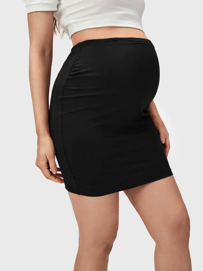 Maternity High Waist Bodycon Skirt Solid Black Skinny Short Pencil Skirt with Side Split for Casual Wear