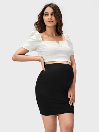 Maternity High Waist Bodycon Skirt Solid Black Skinny Short Pencil Skirt with Side Split for Casual Wear