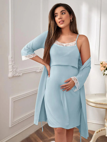 Maternity Floral Lace Trim Robe and Slip Dress Set - Soft Elegant Cozy Fall Winter Nursing