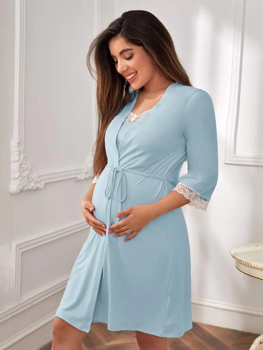 Maternity Floral Lace Trim Robe and Slip Dress Set - Soft Elegant Cozy Fall Winter Nursing