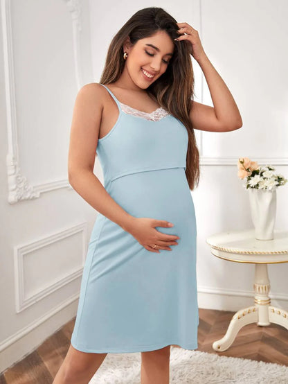 Maternity Floral Lace Trim Robe & Slip Dress Set - Elegant Fall Winter Nursing Loungewear