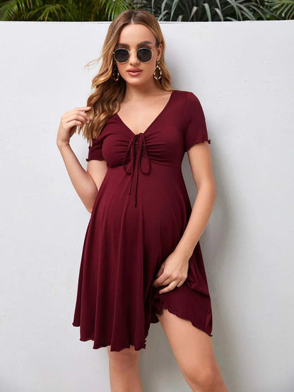 Maternity Drawstring Front Lettuce Trim Dress V-Neck Short Sleeve High Waist A-Line Flared Black Beach Sun Dress