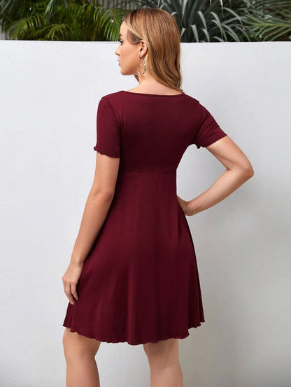 Army Green Maternity V Neck Ruched Drawstring A-Line Dress - Short Sleeve High Waist Flared Beach Mini Dress