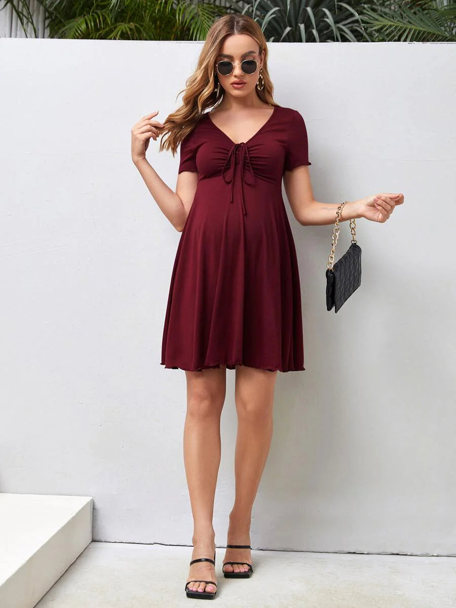 Maternity Drawstring Front Lettuce Trim Dress V-Neck Short Sleeve High Waist A-Line Flared Black Beach Sun Dress