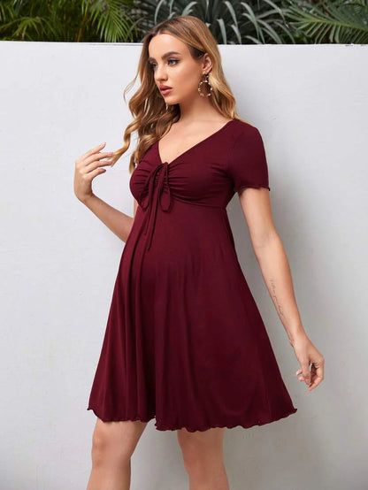 Maternity Drawstring Front Lettuce Trim Dress V-Neck Short Sleeve High Waist A-Line Flared Black Beach Sun Dress