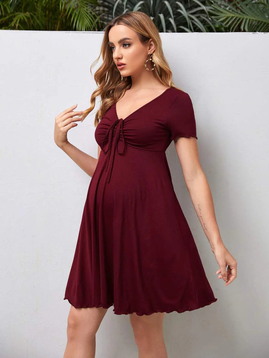 Maternity V-Neck Knot Front A-Line Dress - Short Sleeve Ruched High Waist Summer Dress for Daily Commute