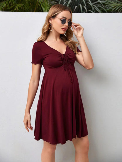 Maternity V-Neck Knot Front A-Line Dress - Short Sleeve Ruched High Waist Summer Dress for Daily Commute